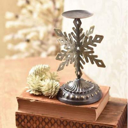 10-Inch Rustic Distressed Silver Metal Decorative Christmas Snowflake Pillar Candle Holder Stand - Vintage Xmas Tabletop, Mantel, Shelf Decoration - Country Farmhouse Winter Home Decor