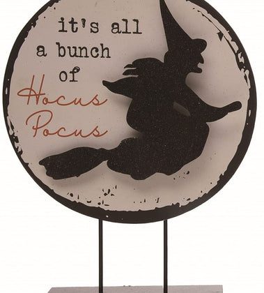 12-Inch Vintage Black and Orange Wooden Hocus Pocus Witch Full Moon Halloween Tabletop Sign on Stand