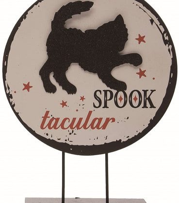 12-Inch Vintage Black and Orange Wooden Spooktacular Cat Full Moon Halloween Tabletop Sign on Stand