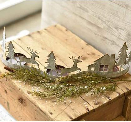 20-Inch Long Rustic Distressed Silver Metal Christmas Tree House Reindeer 3 Pillar Mantel Candle Holder - Vintage Xmas Tabletop, Shelf Decoration - Country Farmhouse Home Decor