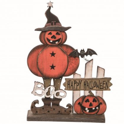 13 Inch Rustic Wood Pumpkin Witch Happy Halloween Boo Tabletop Block Sign