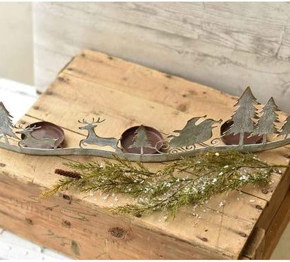 20-Inch Long Rustic Distressed Silver Metal Christmas Santa Sleigh Reindeer 3 Pillar Mantel Candle Holder - Vintage Xmas Tabletop, Shelf Decoration - Country Farmhouse Home Decor