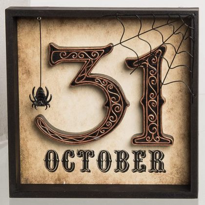 Spooky Vintage Wooden October 31 Halloween Tabletop Block Sign with 3D Spider and Web