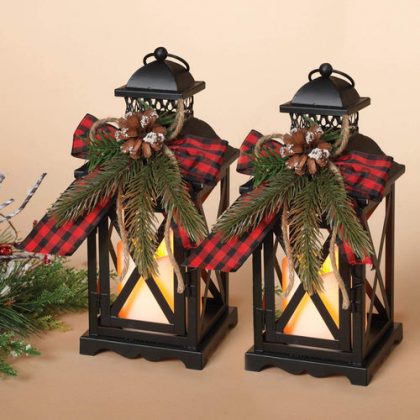 Set of 2 10.5-Inch Rustic Metal Lighted Holiday Lantern Candle Holders with Greenery and Ribbon Accents and Timer   Hanging or Tabletop LED Christmas Decoration   Indoor Outdoor Winter Home Decor