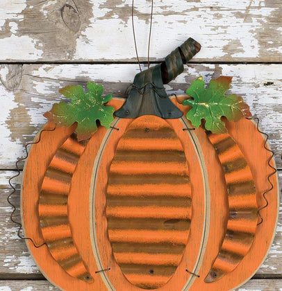 Rustic Wood and Metal Harvest Pumpkin Hanging Autumn Decoration with Metal Leaves and Stem